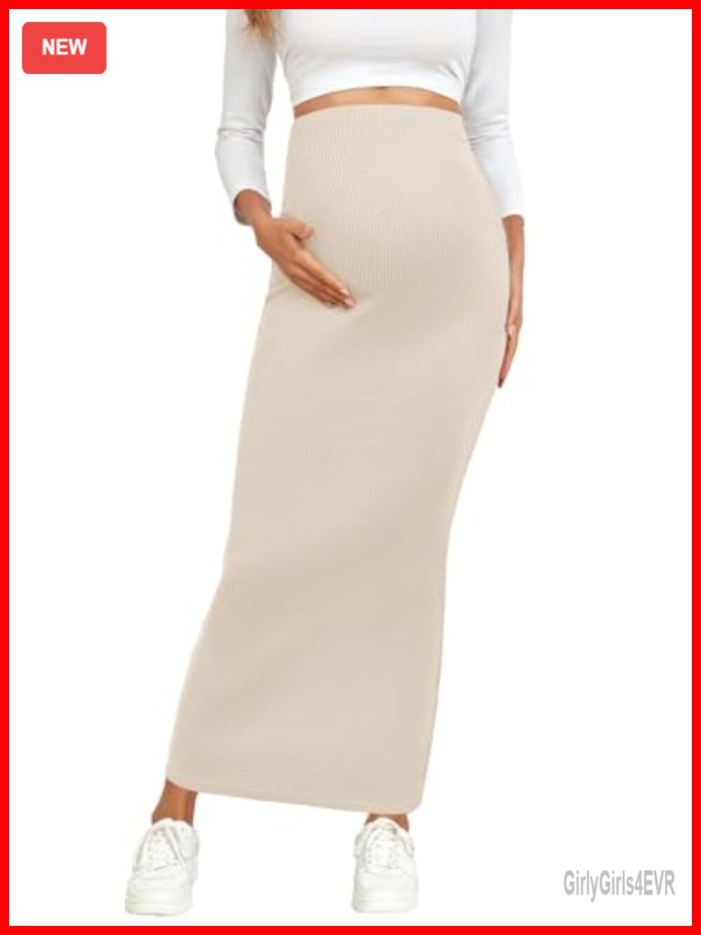 Adjustable Waist Rib Knit Maternity Maxi Skirt Over Belly Stretchy Pregnancy